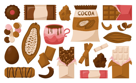 Chocolate set. Different shapes and flavors of chocolate candies, barsのイラスト素材