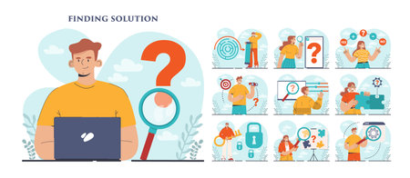 Finding a solution set. Generation of a creative idea in a brainstormのイラスト素材