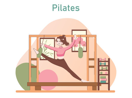 People doing sport. Athletic woman doing pilates with special equipment.のイラスト素材