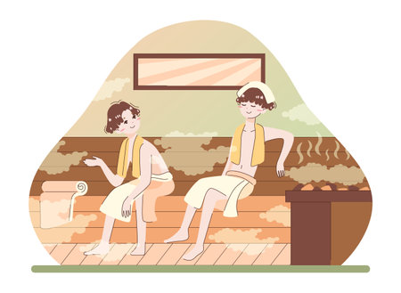 Asian people enjoying their free time. Japanese male friends in towelsのイラスト素材