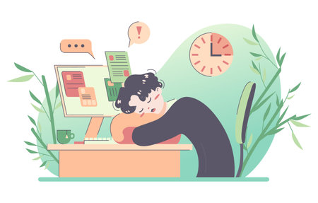 Daily routine of an asian man. Overworked and tired businessmanのイラスト素材
