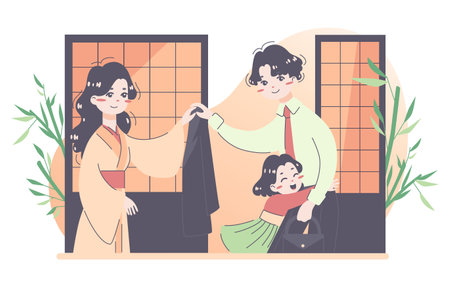 Daily routine of an asian family. Japanese man coming homeのイラスト素材