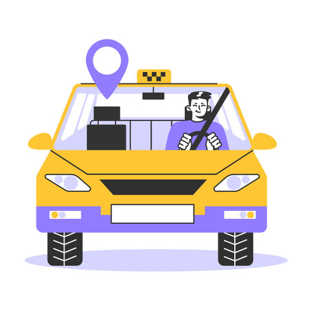 Taxi service. Online taxi order in mobile application. Yellow taxi car.のイラスト素材