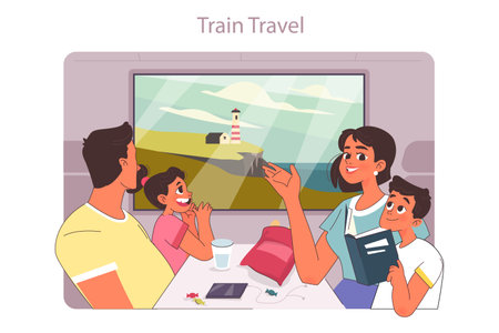 Family trip. Characters traveling by train looking outside windowsのイラスト素材