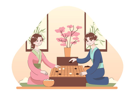 Characters playing a traditional chinese game. Gobang or Go strategyのイラスト素材