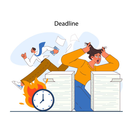 Deadline. Office character with burning work time horse. Idea of hugeのイラスト素材