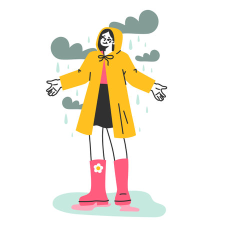 Female character under the rain. Rainy and cloudy weather in summerのイラスト素材