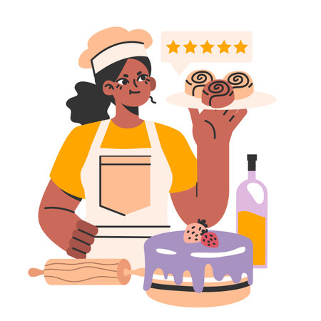 Female confectioner. Small business-owner. Black woman in an apronのイラスト素材