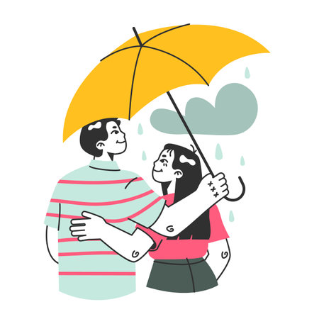 Lovers under the rain. Cute couple walking outdoor under umbrellaのイラスト素材