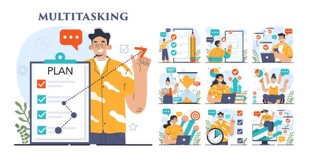 Multitasking concept set. Effective and competent office worker managingのイラスト素材