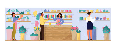 Flowershop interior. Florists making and selling bouquets. Womanのイラスト素材