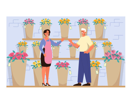 Flowershop interior. Florist selling bouquets. Woman at the refrigerationのイラスト素材
