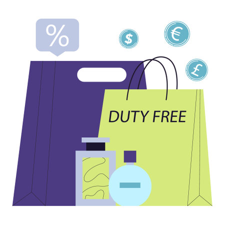 Airport. Duty-free shopping. Airport exclusive deals on luxury items. Tax-free retail shop. Travel and tourism. Flat vector illustrationのイラスト素材