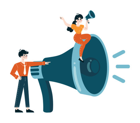 Business People concept. Dynamic marketing team amplifies message. Effective communication strategies in advertising. Flat vector illustrationのイラスト素材