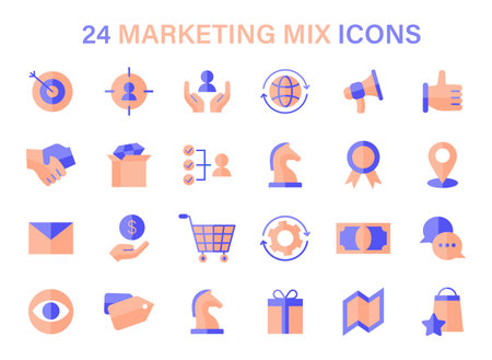 Marketing Mix icon set. Symbols represent strategic components like targeting, global reach, and customer service. Essentials for market planning. Flat vector icons.のイラスト素材