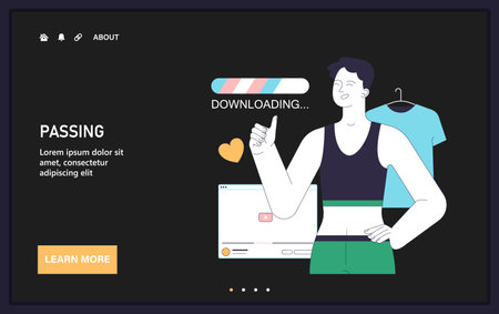 Gender transition web or landing. Gender-affirming practice for transgender man. Joyful confident character with a chest binder. Body positivity and self-love concept. Flat vector illustrationのイラスト素材