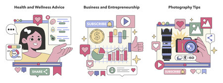 Social Media Content set. Health advice, business strategies, and photography guidance. Wellness tips, entrepreneurial insights, camera skills. Flat vector illustrationのイラスト素材