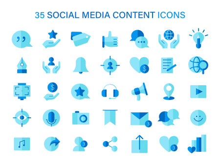 Social Media Content icons set. Array of digital engagement and network interaction icons. Communication, sharing, connection in online communities. Flat vector illustration.のイラスト素材
