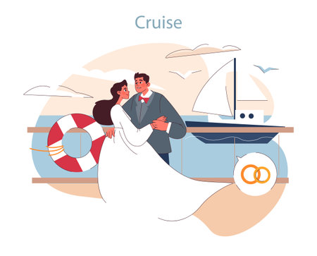 Cruise concept. Newlyweds embark on a romantic voyage, surrounded by the seas tranquility and the luxury of a cruise.のイラスト素材