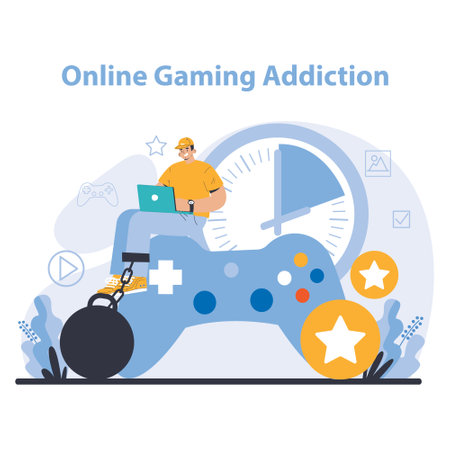 Internet addiction concept. A vivid illustration captures a gamer shackled to a controller, depicting the intense hold of online gaming addiction. Flat vector illustration.のイラスト素材