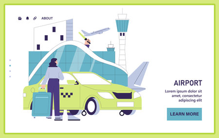 People in the airport web or landing. Airport taxi service. Passenger arriving by taxi at the airport terminal, with a plane taking off. Travel and tourism. Flat vector illustrationのイラスト素材