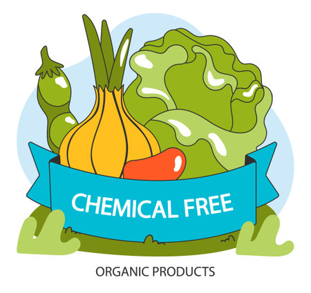 Organic food. Chemical free vegetables cultivation. Natural nutrition, fresh vitamin grocery products. Healthy lifestyle. Flat vector illustration.のイラスト素材
