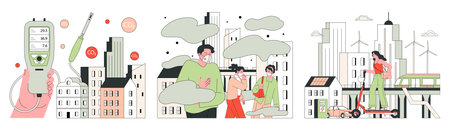 Air quality awareness set. Air quality index and pollution monitoring. Air purifiers devices and...