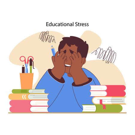 Educational stress concept. Student feels overwhelmed by academic pressure, embodied in clutter of books. Struggle for knowledge, pressured to do well at school. Flat vector illustrationのイラスト素材