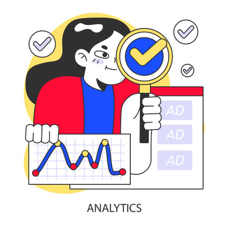 Advertising analytics concept. Evaluating ad performance with a keen eye on metrics. Depiction of data analysis and campaign tracking success. Flat vector illustration.のイラスト素材