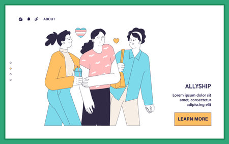 Gender transition positive experience web or landing. Trans woman passing. Joyful trans woman enjoying a day out with female friends. Acceptance and support. Flat vector illustration.のイラスト素材