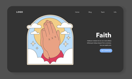 Faith symbolized. Praying hands clasped in front of a radiant backdrop, embodying hope and spirituality. A testament to prayer and devotion. Flat vector illustration.のイラスト素材