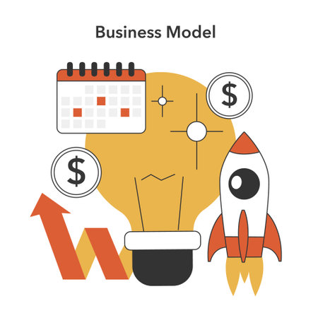 Strategic planning concept. A lightbulb symbolizing ideas and calendar marking milestones alongside revenue growth and rocket launch. Profitable ventures blueprint. Flat vector illustration.のイラスト素材