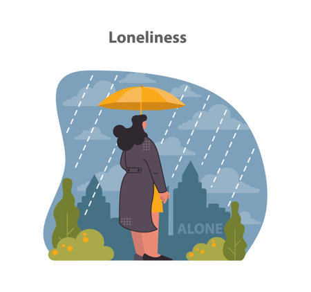 Loneliness visualized. Solitary figure against the citys backdrop, sheltered by a small umbrella in the rain. Flat vector illustration.のイラスト素材