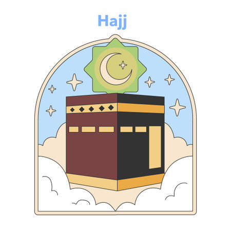 Hajj pilgrimage representation with Kaaba icon. Spiritual journey of Muslims to Mecca captured in a stylized vector. Flat design illustrationのイラスト素材