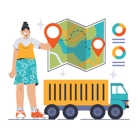Efficient logistics concept. A confident woman presents a route map for seamless transportation and delivery processes. Modern supply chain management. Flat vector illustrationのイラスト素材