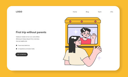 First trip without parents web banner or landing page. Boy waving to mother at the train station. Teenager years life milestones. Teen boy getting old and gain new experience. Flat vector illustrationのイラスト素材