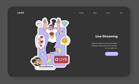 Live stream night or dark mode web banner or landing page. Blogger on social media live. Online video clip or short video. Entertaining and engaging content. Flat vector illustrationのイラスト素材