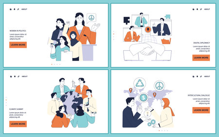 Political action web or landing set. Diverse people involved in global education, economic growth, environmental activism, democracy and diplomacy. Sustainable development. Flat vector illustration.のイラスト素材