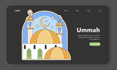 Ummah unity concept with mosque architecture under a starry sky and crescent moon. Symbolizes Islamic community and faith. Flat vector illustrationのイラスト素材
