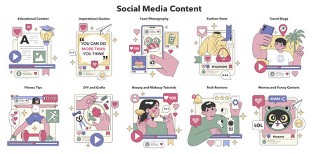 Social Media Content set. Diverse online interaction and communication. Engaging tutorials,...