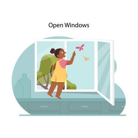 Fall prevention scene. Curious little girl reaching out of open window to look at butterflies, risking falling out. Importance of window guards in homes. Preventing accidents. Flat vector illustrationのイラスト素材