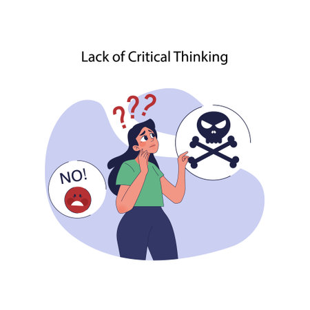 Lack of critical thinking concept. Confused woman amid misleading symbols, struggling to discern truth from false information. Navigating the challenges of misinformation. Flat vector illustrationのイラスト素材