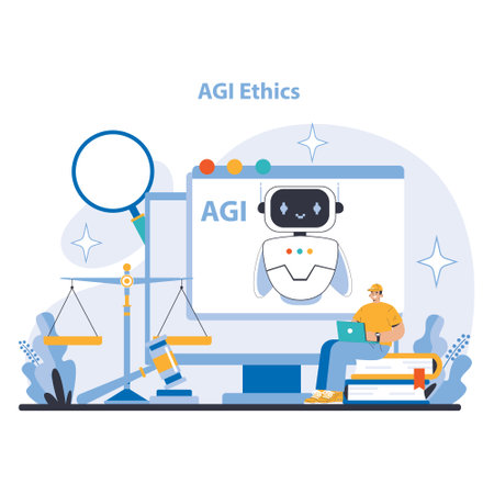 AGI concept. Balancing AI technology with ethical considerations. Focusing on responsible AI development and application. Flat vector illustration.のイラスト素材