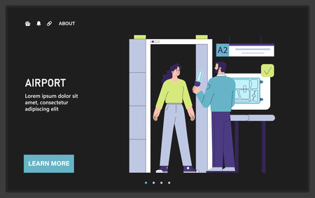 Airport security checkpoint web or landing. Characters with a suitcase in the security gates. Passenger undergoing a screening scan before boarding on a flight. Safe travel. Flat vector illustration.のイラスト素材