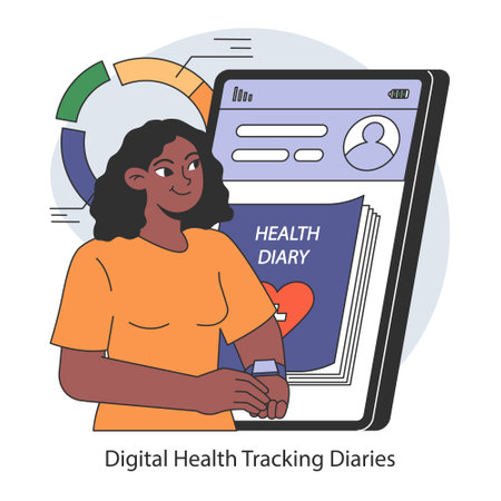 Digital Health Tracking Diaries concept. A modern tool for monitoring wellness. Empowering individuals with health data management. Tracking progress digitally. Flat vector illustration.のイラスト素材