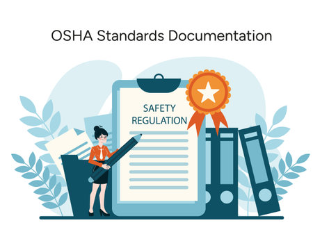 OSHA Standards Documentation vector. A professional ensuring rigorous safety regulation adherence, signified by certification. Essential for workplace compliance. Flat vector illustrationのイラスト素材
