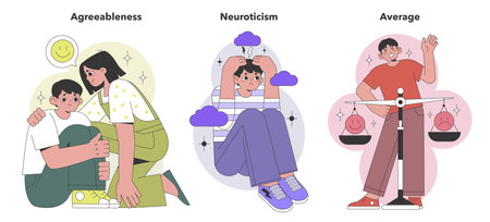 Big Five Personality Traits representation. Showcasing agreeableness, neuroticism, and the balance of an average personality in daily scenarios. Flat vector illustration.のイラスト素材