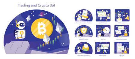 Trading and Crypto Bot set. Comprehensive vector illustrations showcasing automated trading technology, market analysis, and strategy execution. Vector illustration.のイラスト素材