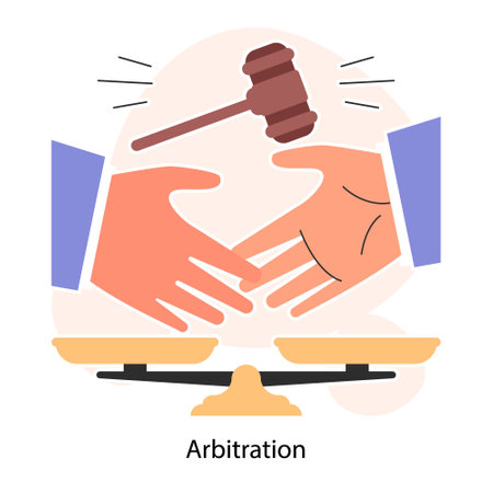 Business deal or agreement arbitration. Signing a contract or successful negotiation. Business partners interests and obligations. Paper terms and conditions. Flat vector illustrationのイラスト素材