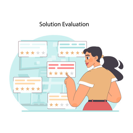 Solution evaluation concept. Woman observing proposals to issues. Critical review and rating of proposed strategies. Analytical assessment in problem resolution. Flat vector illustrationのイラスト素材